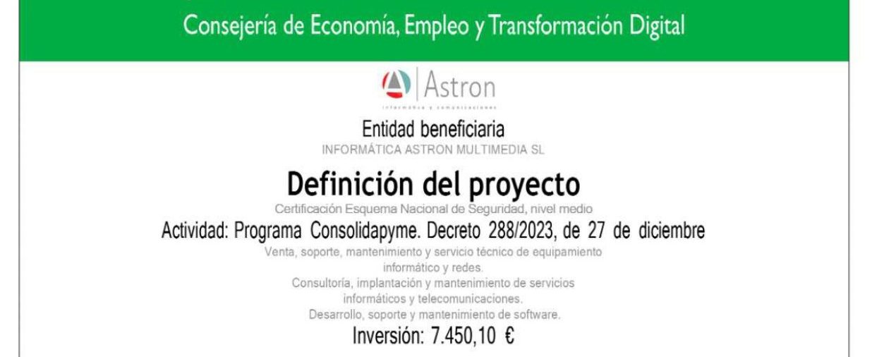 INFORMÁTICA ASTRON MULTIMEDIA S.L. avanza en su seguridad digital gracias al Programa ConsolidaPYME